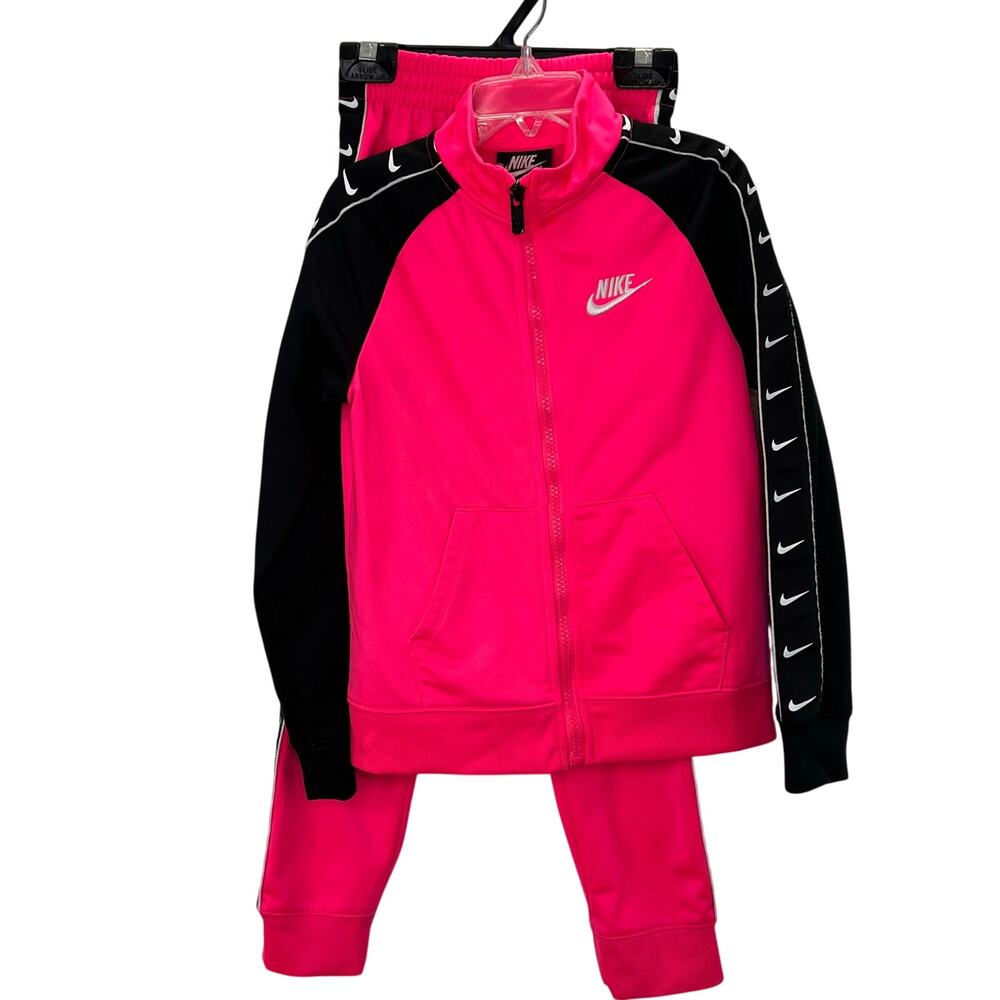 Nike Tracksuit Set Joggers Jacket 6X Girls Pink Black Logo Print Matching Zip